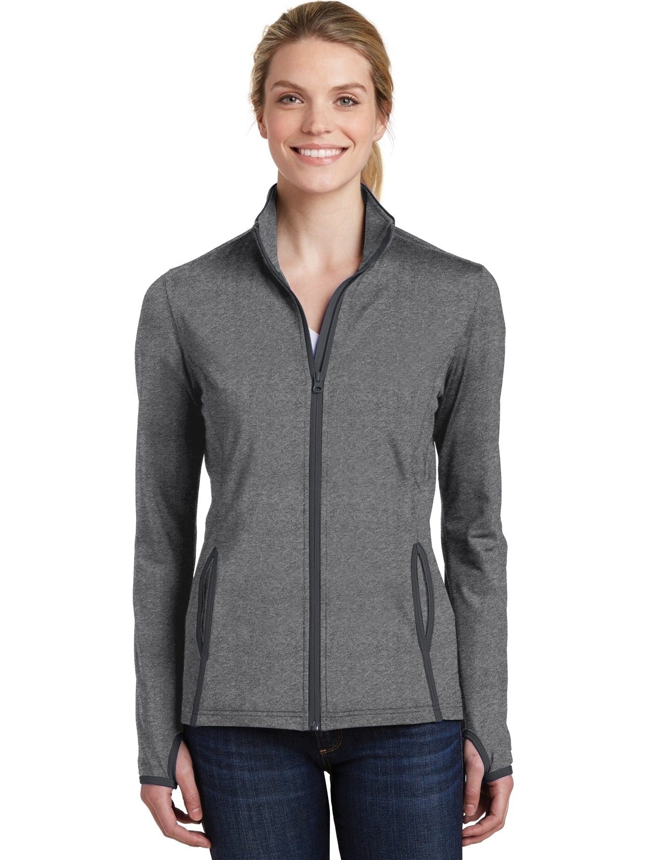  Sport-Tek Ladies Sport-Wick Stretch Contrast Full-Zip Jacket-Regular-Sport-Tek-Charcoal Grey Heather/Charcoal Grey-S-Thread Logic