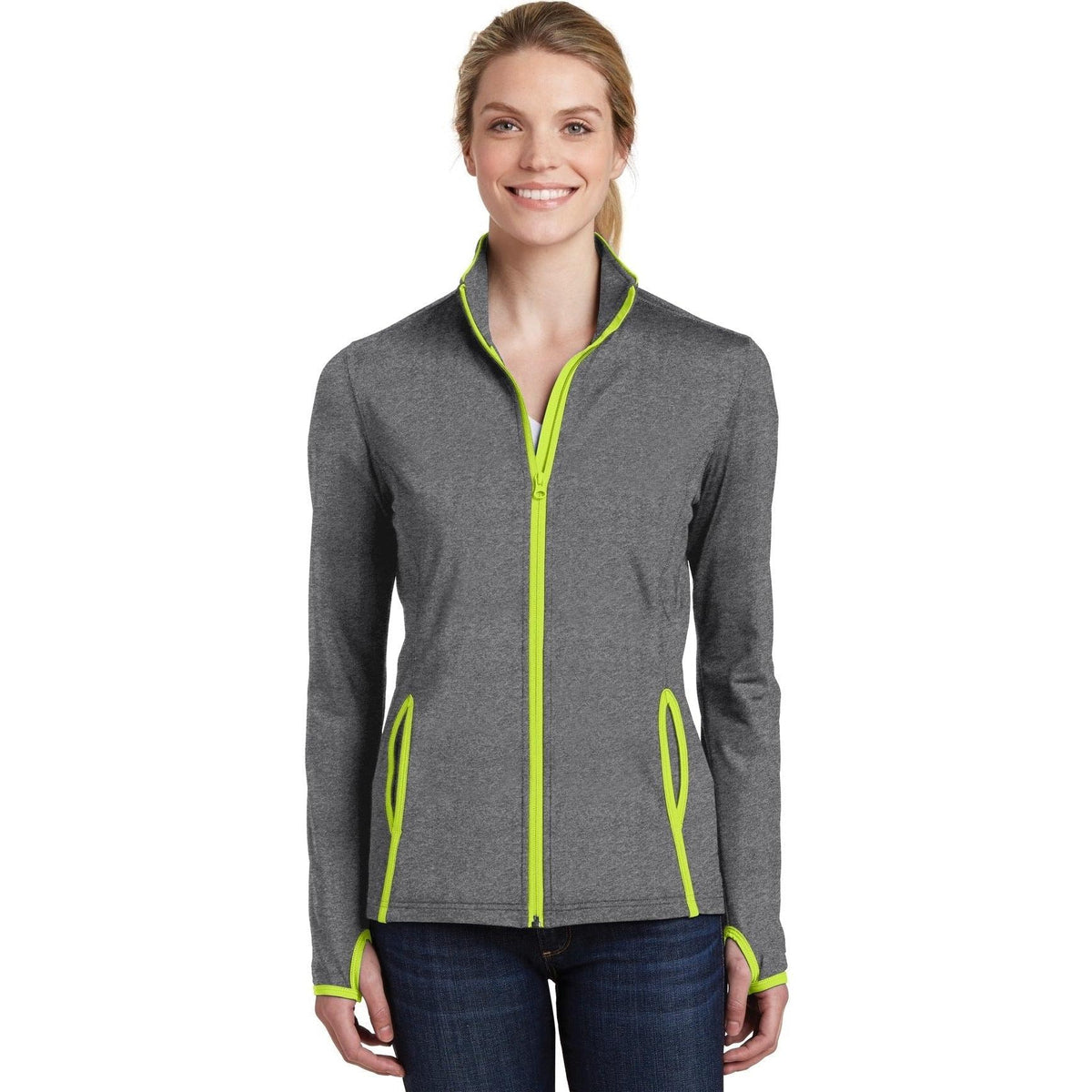 logo-left  Sport-Tek Ladies Sport-Wick Stretch Contrast Full-Zip Jacket-Regular-Sport-Tek-Charcoal Grey Heather/Charge Green-S-Thread Logic