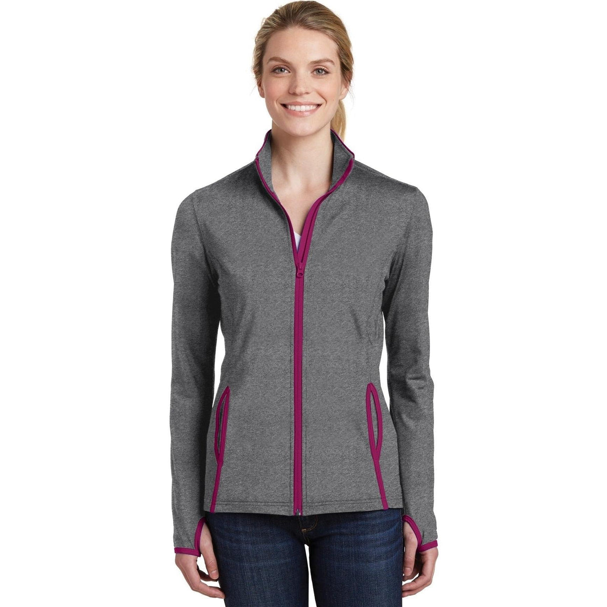 logo-left  Sport-Tek Ladies Sport-Wick Stretch Contrast Full-Zip Jacket-Regular-Sport-Tek-Charcoal Grey Heather/Pink Rush-S-Thread Logic
