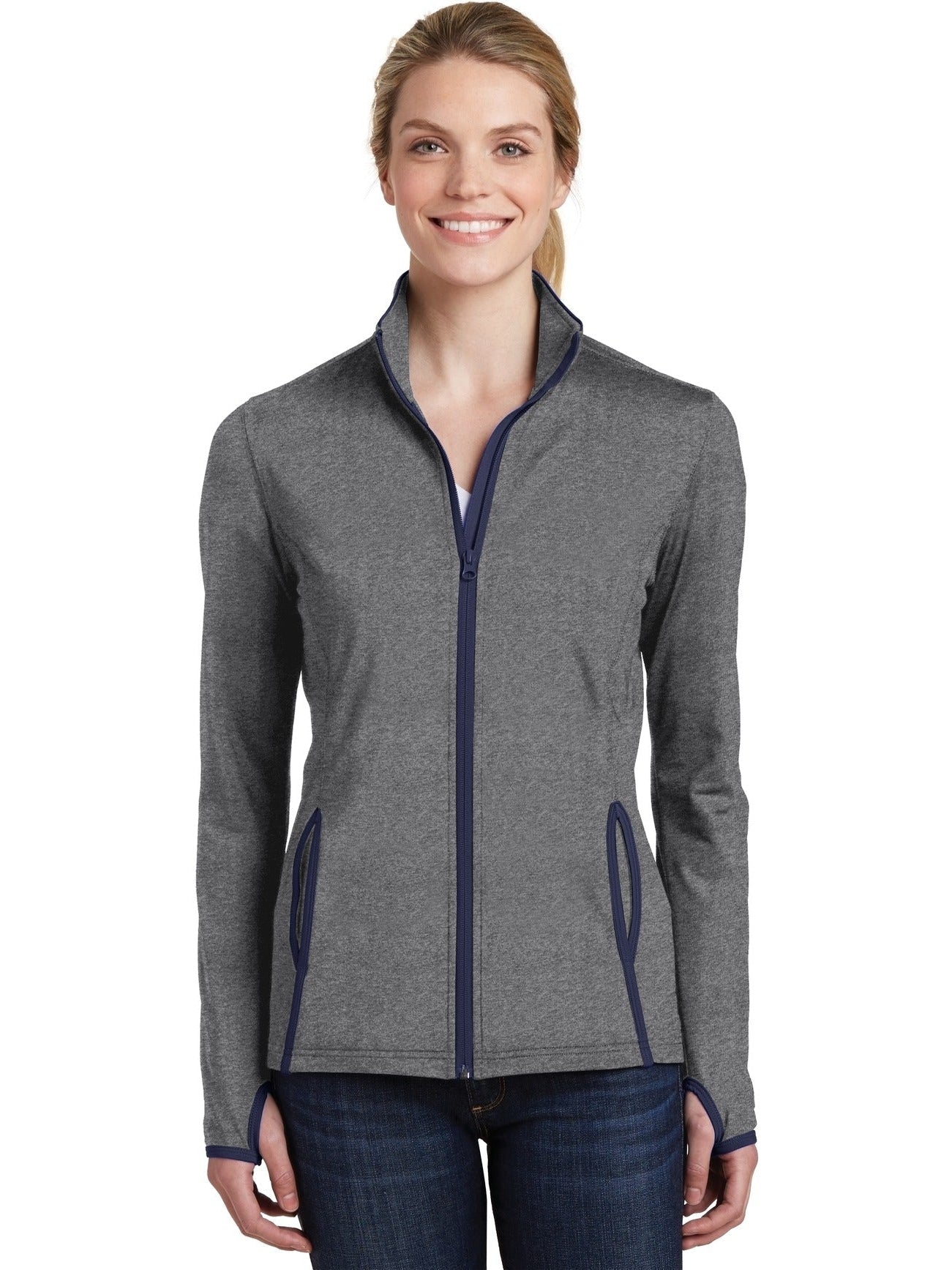  Sport-Tek Ladies Sport-Wick Stretch Contrast Full-Zip Jacket-Regular-Sport-Tek-Charcoal Grey Heather/True Navy-S-Thread Logic
