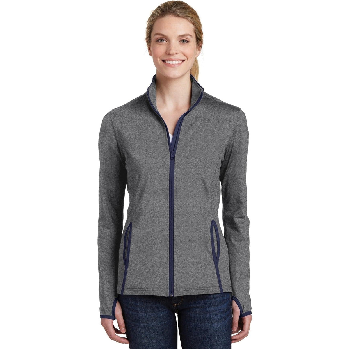 logo-left  Sport-Tek Ladies Sport-Wick Stretch Contrast Full-Zip Jacket-Regular-Sport-Tek-Charcoal Grey Heather/True Navy-S-Thread Logic