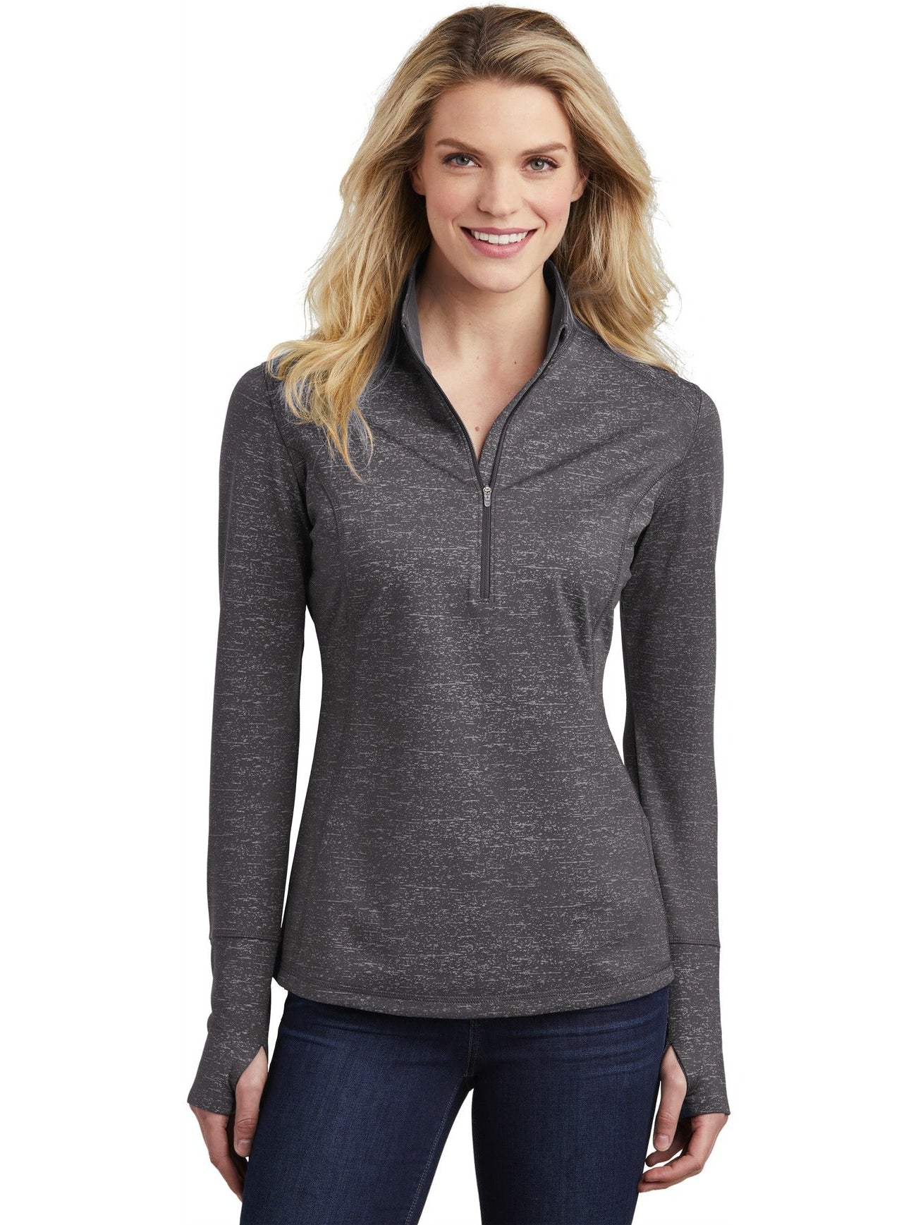  Sport-Tek Ladies Sport-Wick Stretch Reflective Heather 1/2-Zip Pullover-Regular-Sport-Tek-Charcoal Grey-S-Thread Logic