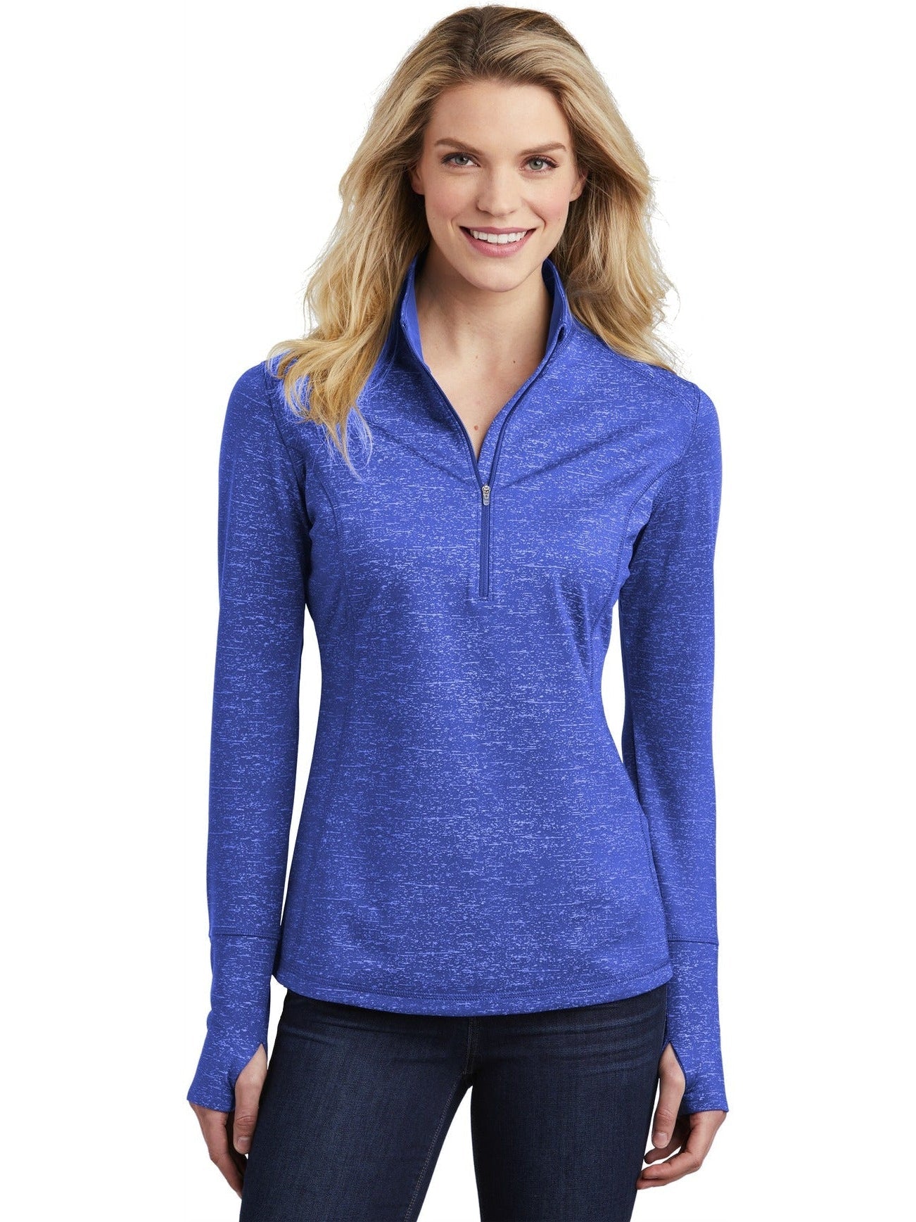 No-Logo CLOSEOUT - Sport-Tek Ladies Sport-Wick Stretch Reflective Heather 1/2-Zip Pullover-Quarter Zips-Sport-Tek-True Royal-S-Thread Logic