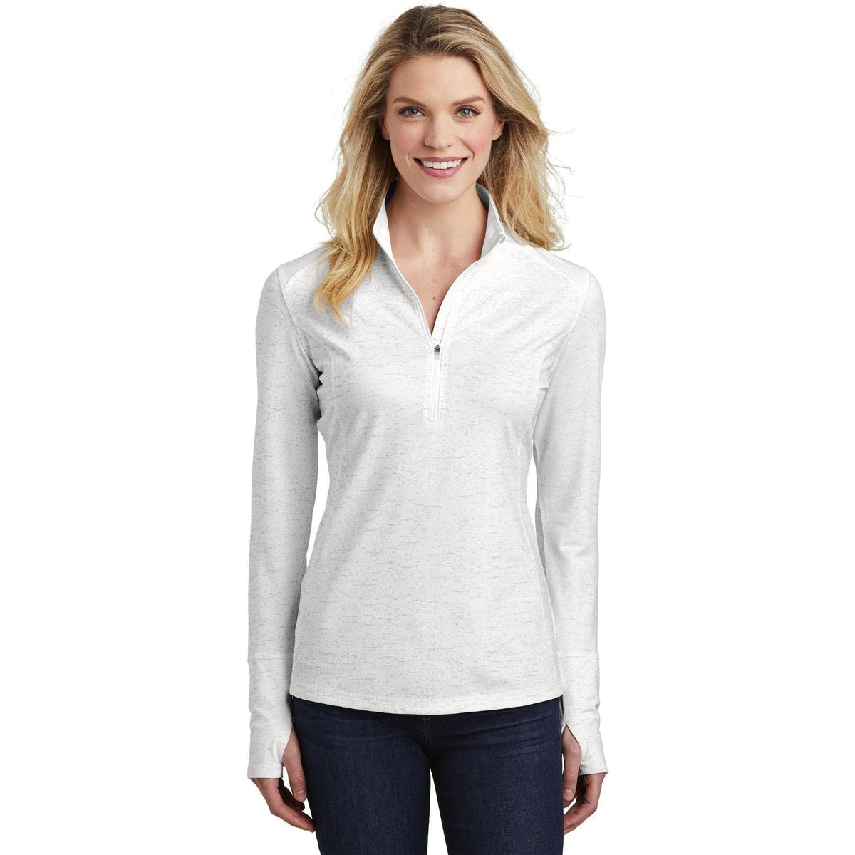 logo-left  Sport-Tek Ladies Sport-Wick Stretch Reflective Heather 1/2-Zip Pullover-Regular-Sport-Tek-White-S-Thread Logic