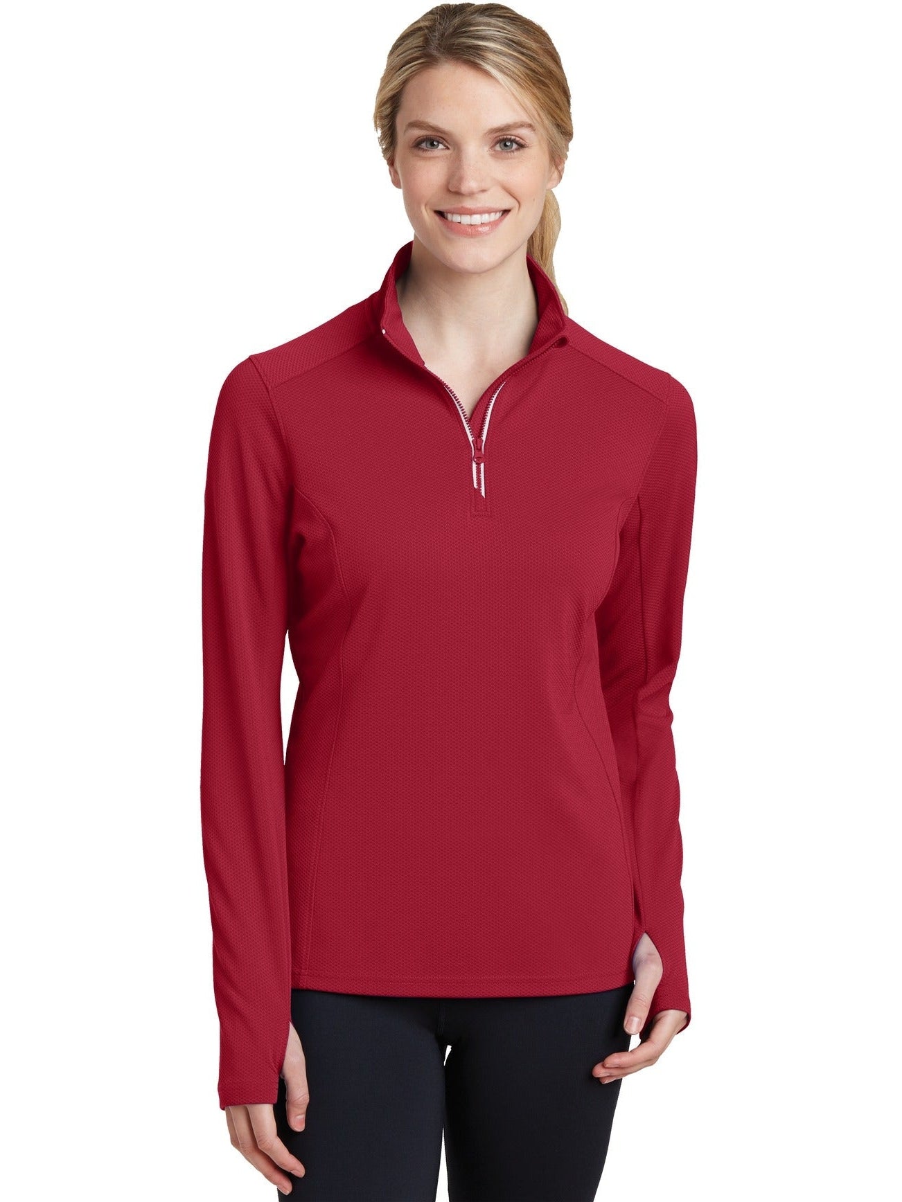  Sport-Tek Ladies Sport-Wick Textured 1/4-Zip Pullover-Regular-Sport-Tek-Deep Red-S-Thread Logic