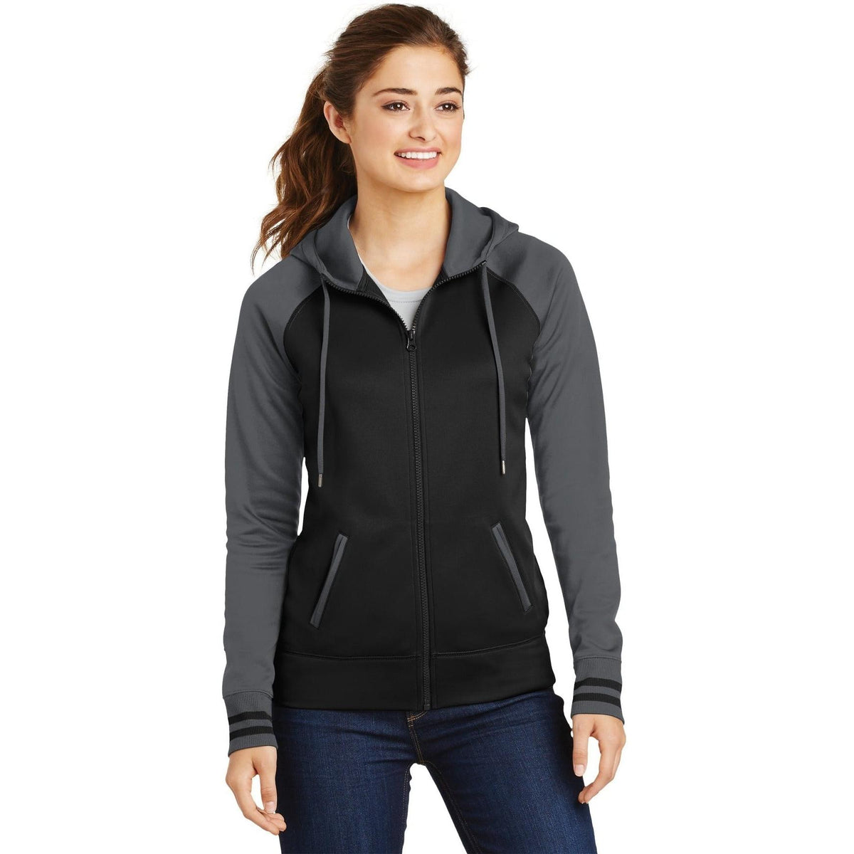 no-logo  Sport-Tek Ladies Sport-Wick Varsity Fleece Full-Zip Hooded Jacket-Regular-Sport-Tek-Black/Dark Smoke Grey-S-Thread Logic