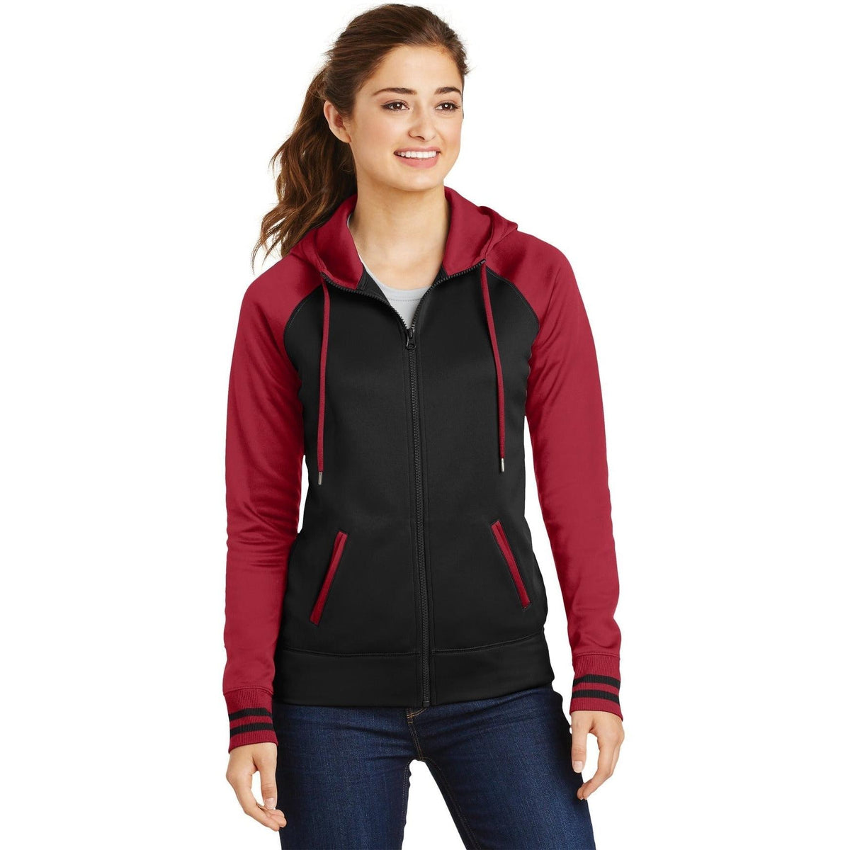 no-logo  Sport-Tek Ladies Sport-Wick Varsity Fleece Full-Zip Hooded Jacket-Regular-Sport-Tek-Black/Deep Red-S-Thread Logic