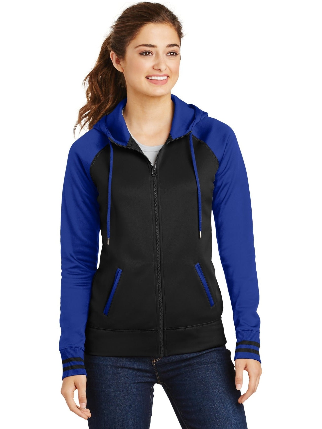  Sport-Tek Ladies Sport-Wick Varsity Fleece Full-Zip Hooded Jacket-Regular-Sport-Tek-Black/True Royal-S-Thread Logic