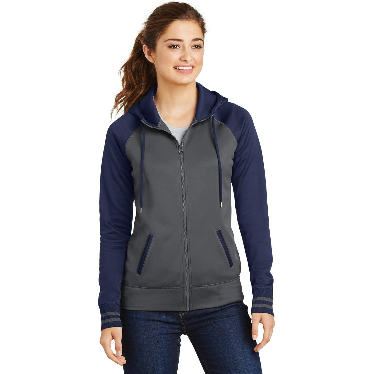 no-logo  Sport-Tek Ladies Sport-Wick Varsity Fleece Full-Zip Hooded Jacket-Regular-Sport-Tek-Dark Smoke Grey/Navy-S-Thread Logic