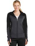  Sport-Tek Ladies Tech Fleece Colorblock Full-Zip Hooded Jacket-Regular-Sport-Tek-Black/Graphite Heather/Black-XS-Thread Logic