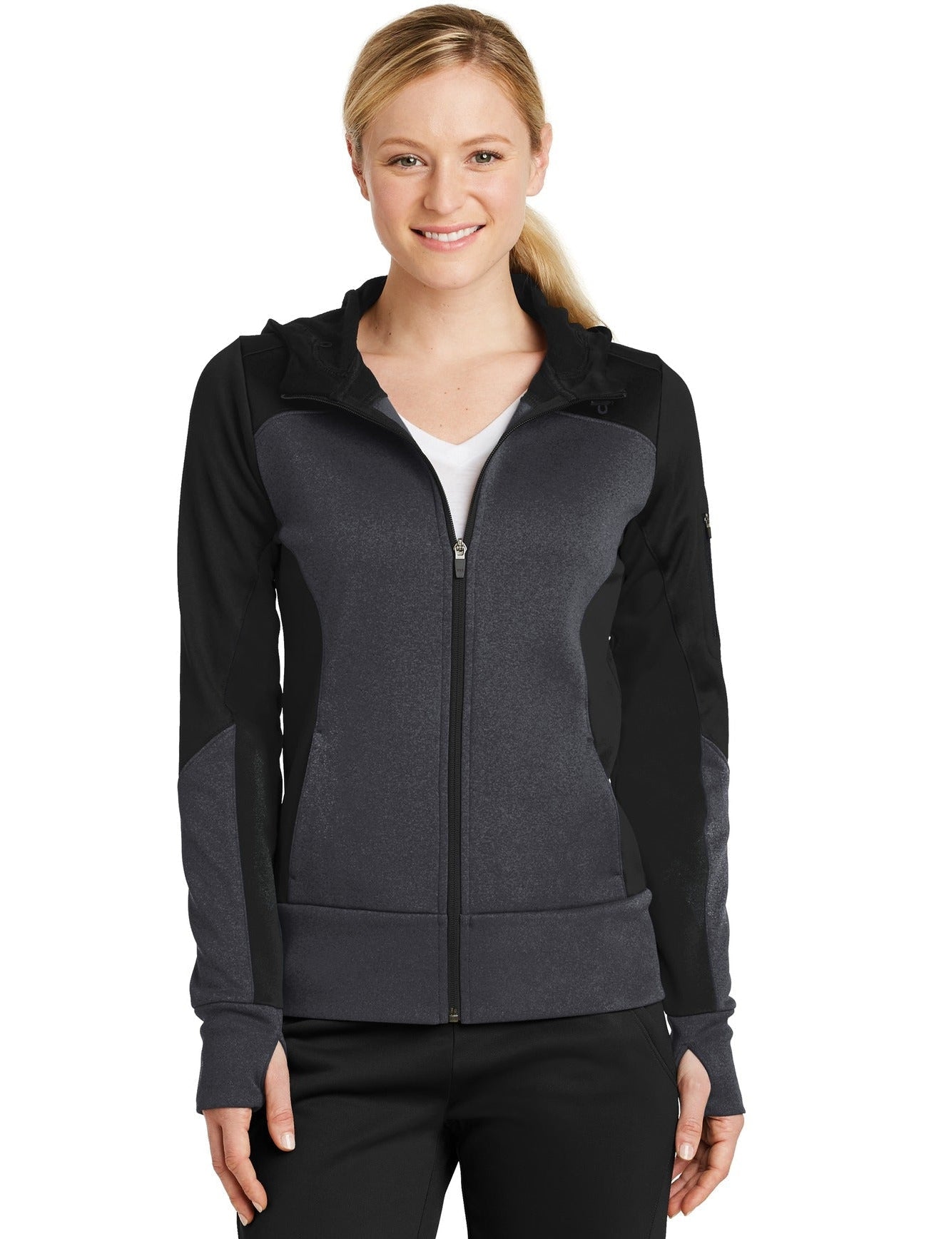 No-Logo CLOSEOUT - Sport-Tek Ladies Tech Fleece Colorblock Full-Zip Hooded Jacket-Full Zips-Sport-Tek-Black/Graphite Heather/Black-XS-Thread Logic