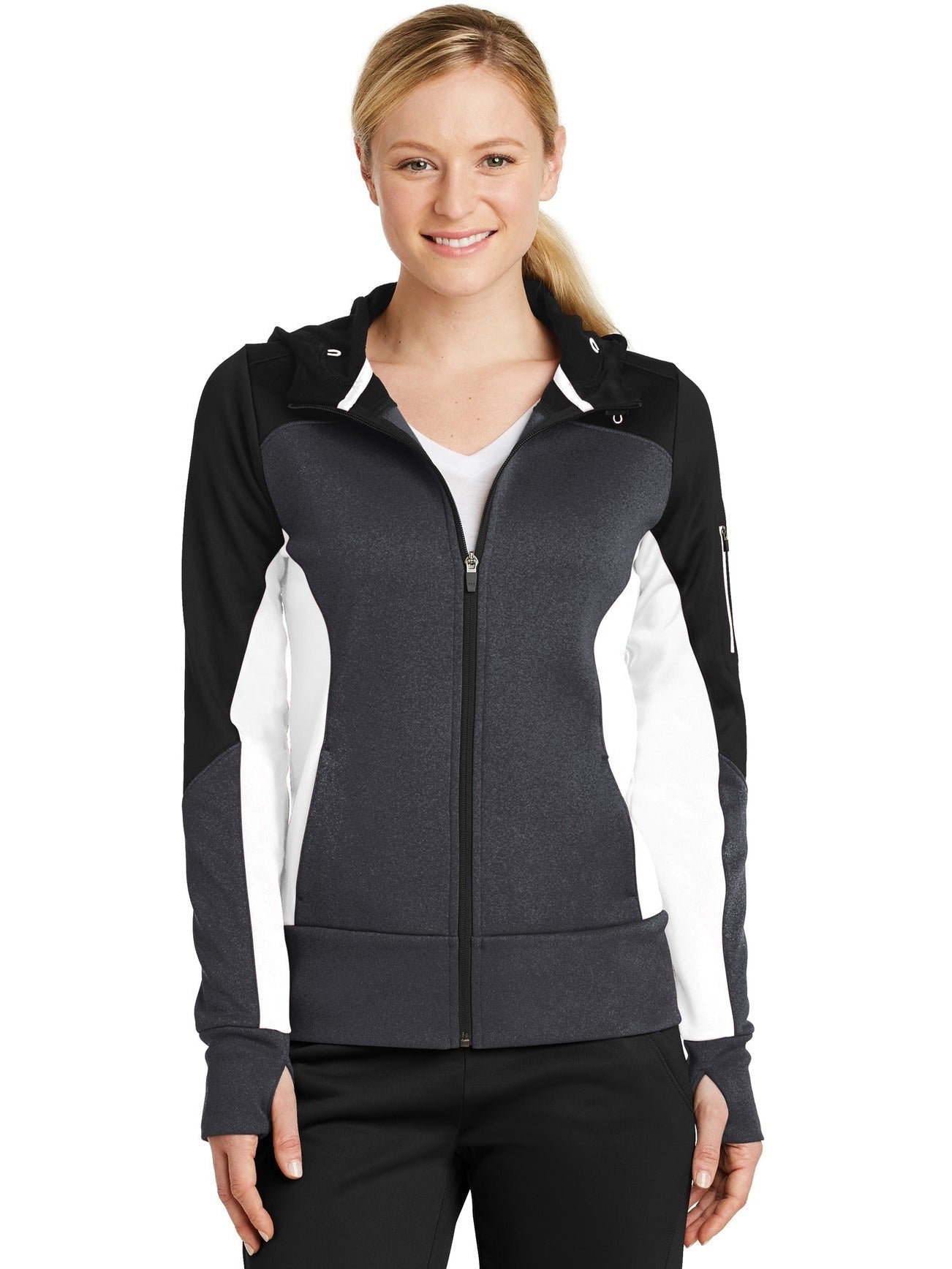 No-Logo CLOSEOUT - Sport-Tek Ladies Tech Fleece Colorblock Full-Zip Hooded Jacket-Full Zips-Sport-Tek-Black/Graphite Heather/White-XS-Thread Logic