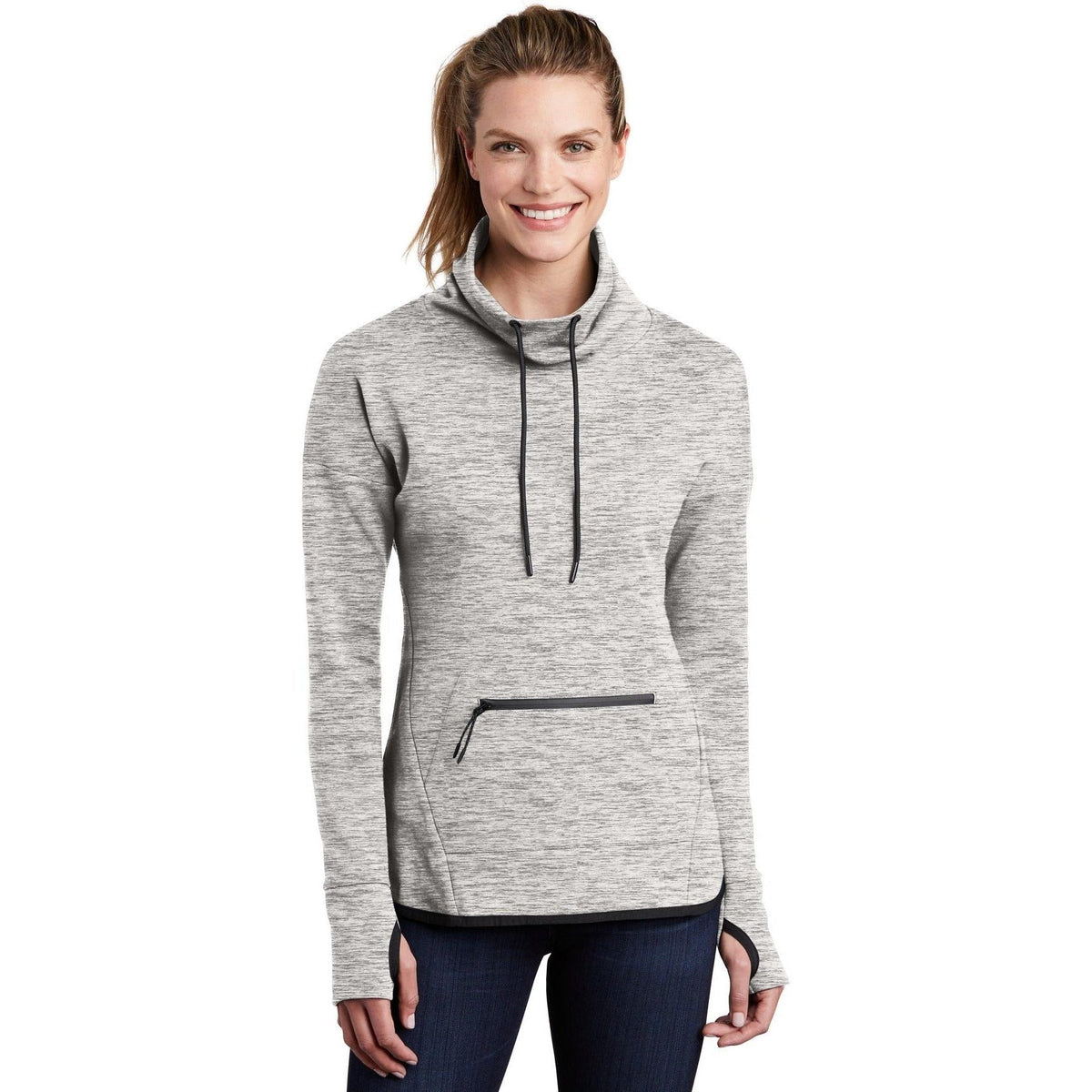 logo-left Sport-Tek Women's Triumph Cowl Neck Pullover-Regular-Sport-Tek-Athletic Heather-S-Thread Logic