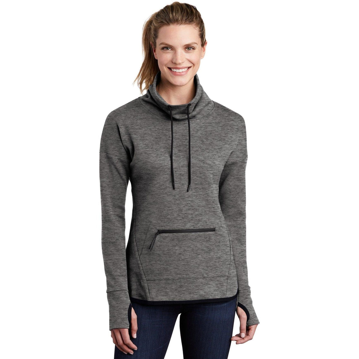 logo-left Sport-Tek Women's Triumph Cowl Neck Pullover-Regular-Sport-Tek-Dark Grey Heather-S-Thread Logic