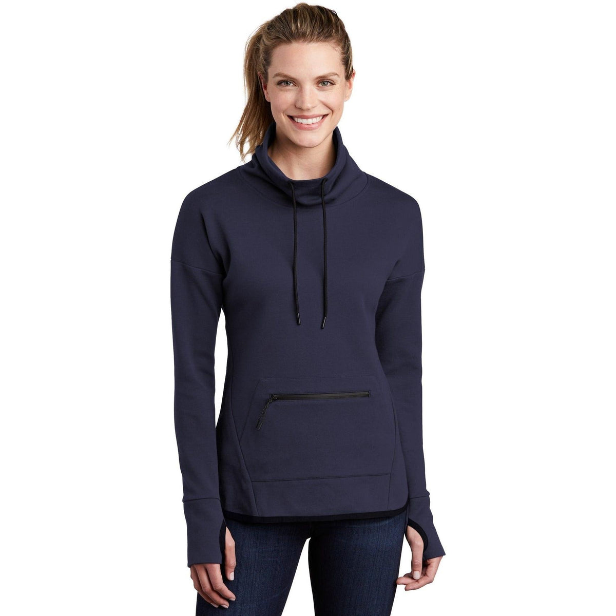 logo-left Sport-Tek Women's Triumph Cowl Neck Pullover-Regular-Sport-Tek-Navy-S-Thread Logic