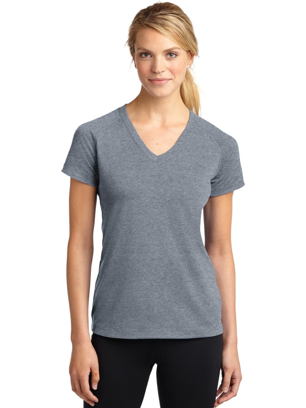  Sport-Tek Ladies Ultimate Performance V-Neck-Regular-Sport-Tek-Heather Grey-XS-Thread Logic