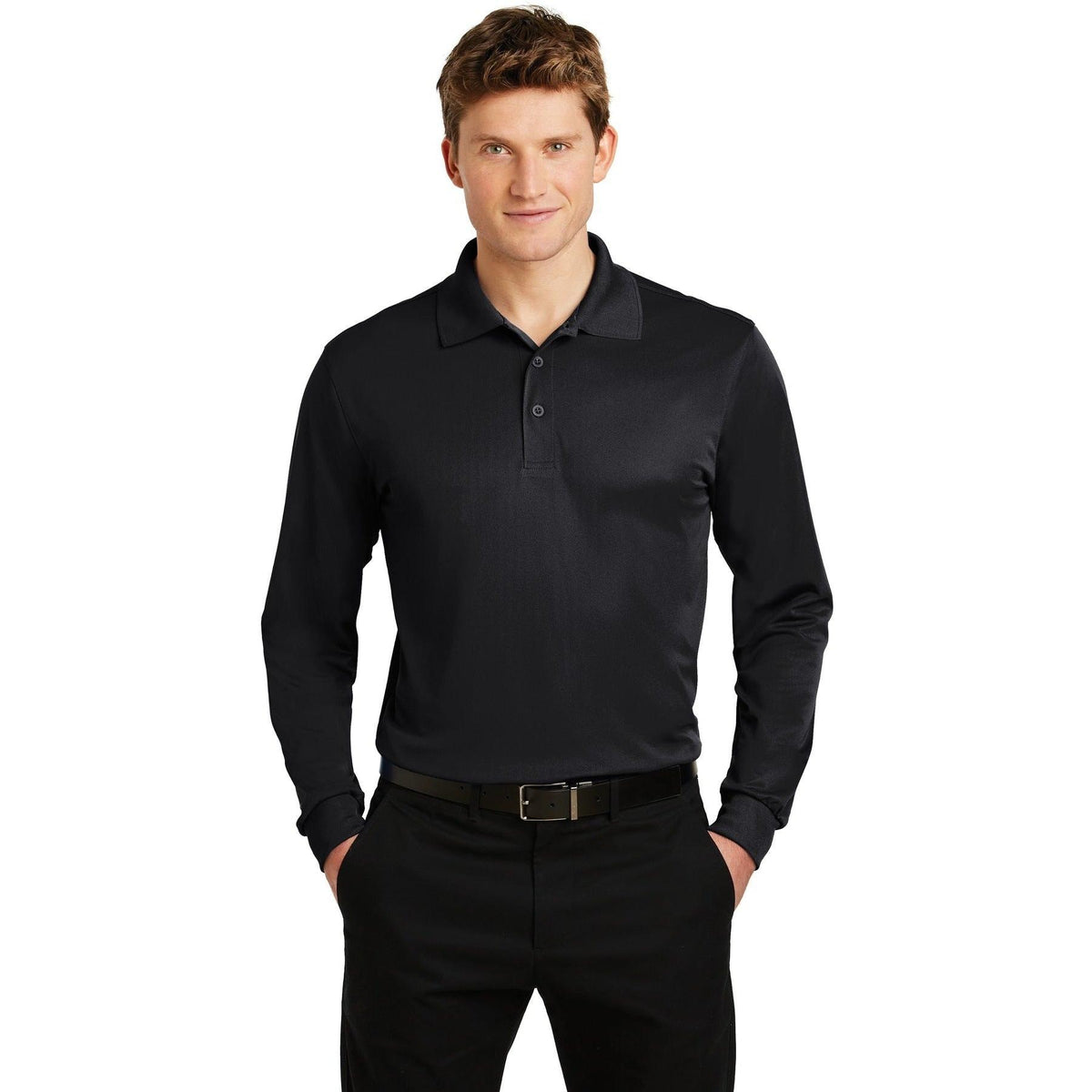 no-logo Sport-Tek Long Sleeve Micropique Sport-Wick Polo-Polos-Sport-Tek-Black-S-Thread Logic