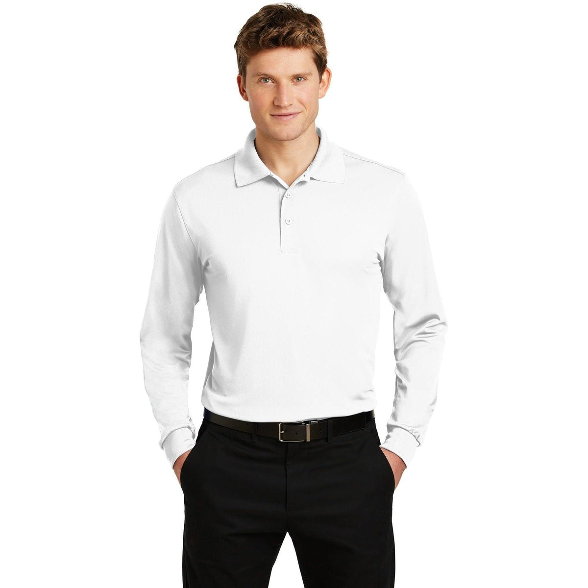 no-logo Sport-Tek Long Sleeve Micropique Sport-Wick Polo-Polos-Sport-Tek-White-S-Thread Logic