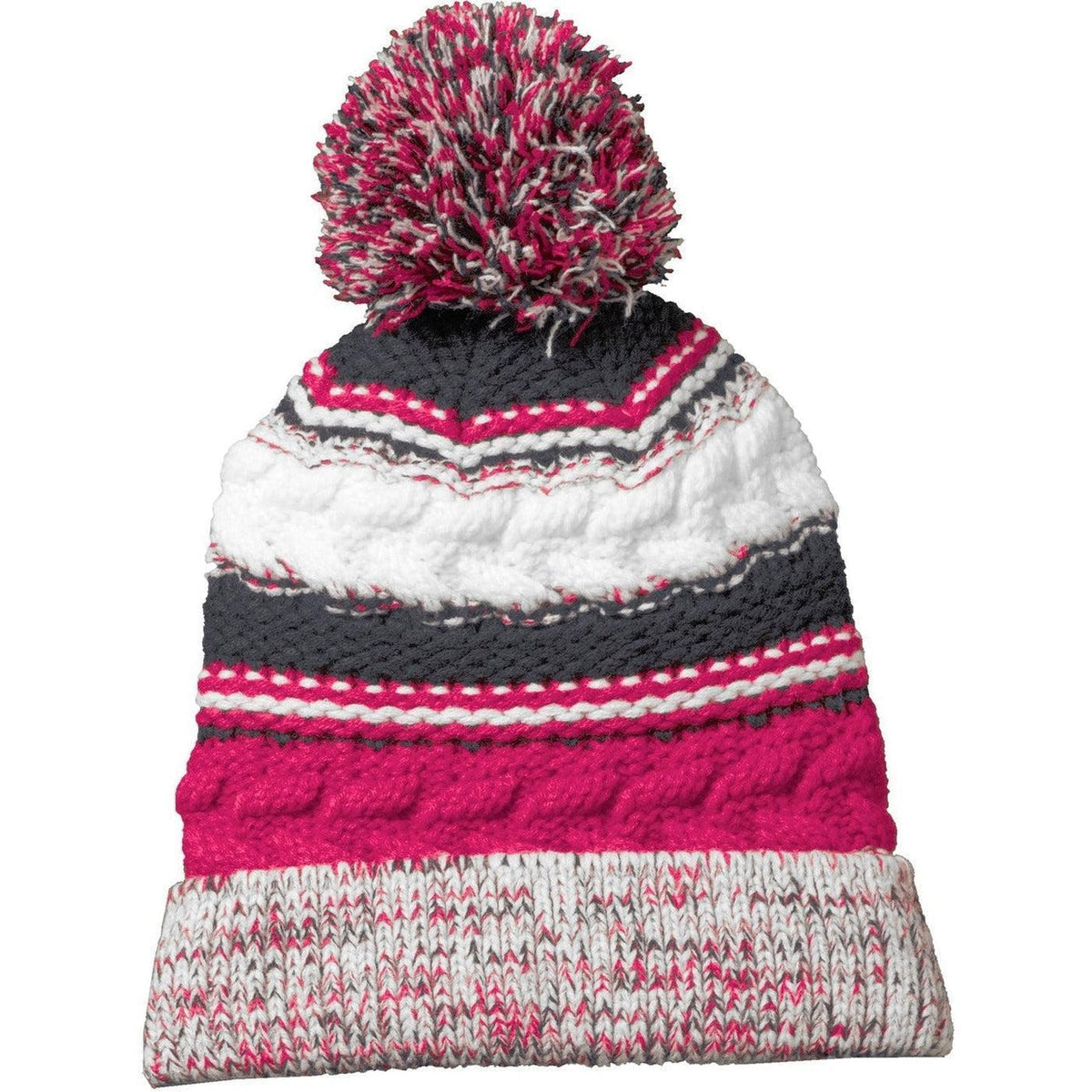 no-logo  Sport-Tek Pom Pom Team Beanie-Regular-Sport-Tek-Pink Raspberry/Iron Grey/White-OSFA-Thread Logic 