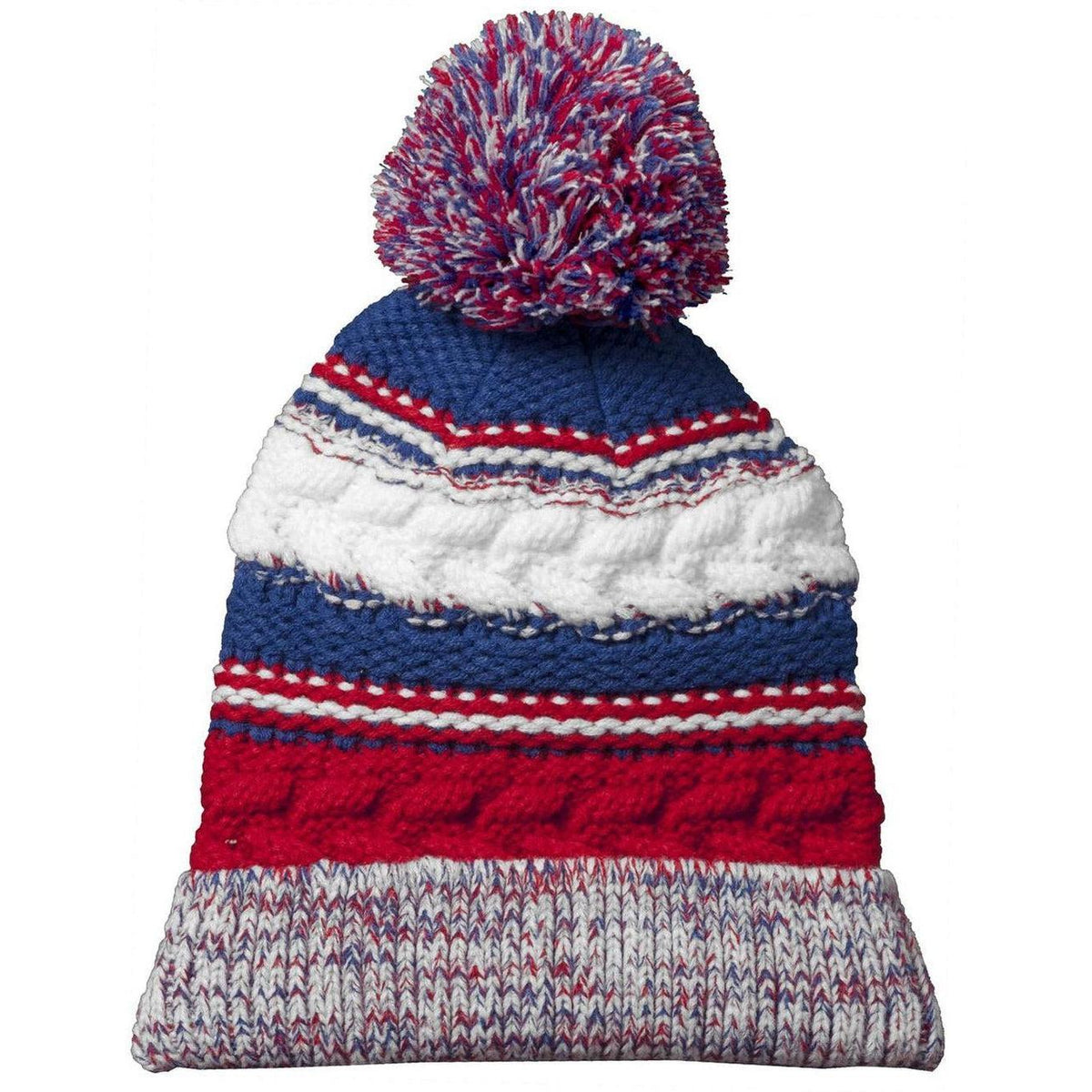 no-logo  Sport-Tek Pom Pom Team Beanie-Regular-Sport-Tek-True Red/True Royal/White-OSFA-Thread Logic 