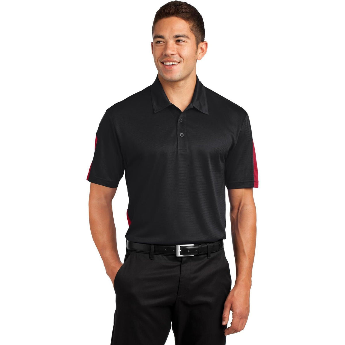 no-logo  Sport-Tek PosiCharge Active Textured Colorblock Polo-Regular-Sport-Tek-Black/True Red-S-Thread Logic