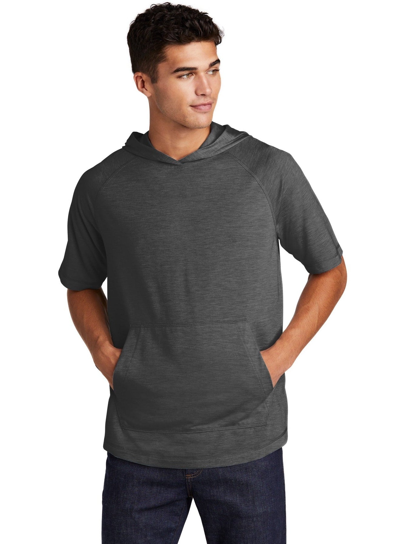  Sport-Tek PosiCharge Tri-Blend Wicking Short Sleeve Hoodie-Regular-Sport-Tek-Dark Grey Heather-S-Thread Logic