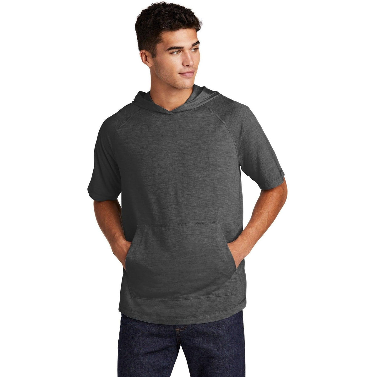 logo-left Sport-Tek PosiCharge Tri-Blend Wicking Short Sleeve Hoodie-Hoodies-Sport-Tek-Dark Grey Heather-S-Thread Logic