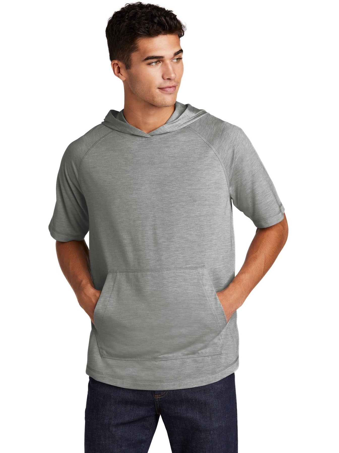  Sport-Tek PosiCharge Tri-Blend Wicking Short Sleeve Hoodie-Regular-Sport-Tek-Light Grey Heather-S-Thread Logic