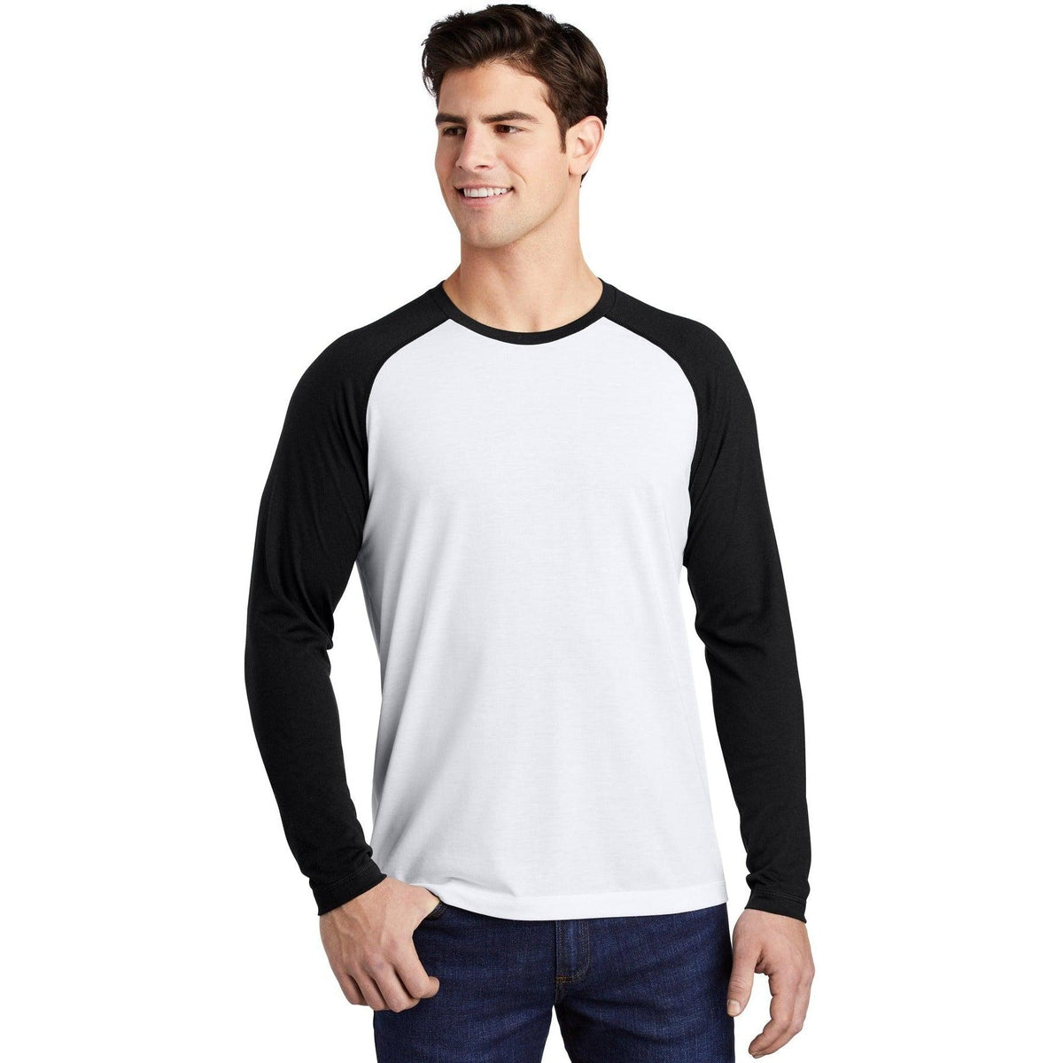 no-logo  Sport-Tek Posicharge Long Sleeve Tri-Blend Wicking Raglan Tee-Regular-Sport-Tek-Black Triad Solid/White Triad Solid-S-Thread Logic