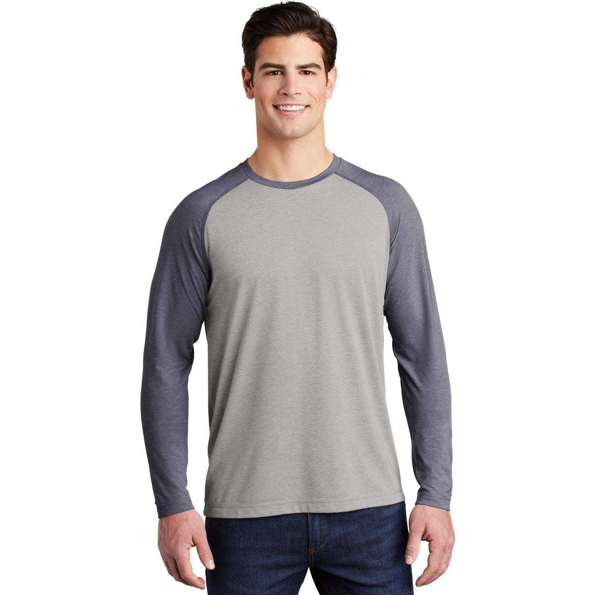no-logo  Sport-Tek Posicharge Long Sleeve Tri-Blend Wicking Raglan Tee-Regular-Sport-Tek-True Navy Heather/Light Grey Heather-S-Thread Logic
