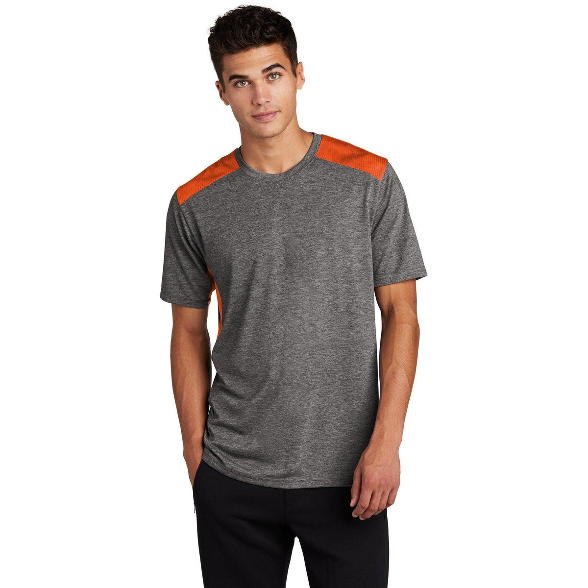no-logo  Sport-Tek Posicharge Tri-Blend Wicking Draft Tee-Regular-Sport-Tek-Deep Orange/Dark Grey Heather-S-Thread Logic