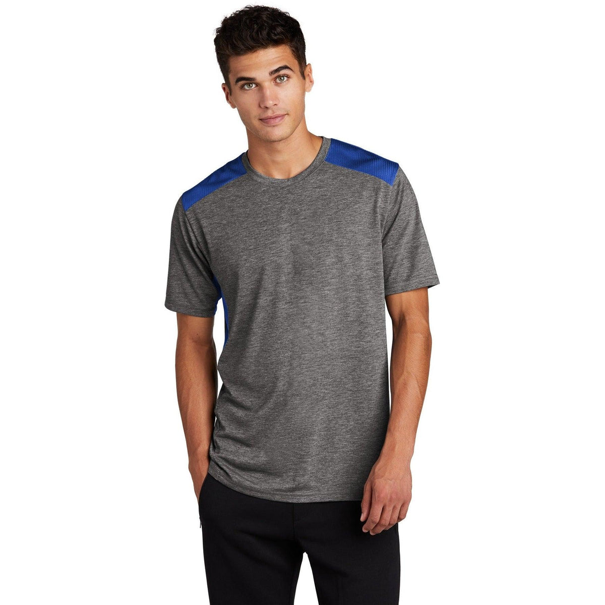 no-logo  Sport-Tek Posicharge Tri-Blend Wicking Draft Tee-Regular-Sport-Tek-True Royal/Dark Grey Heather-M-Thread Logic