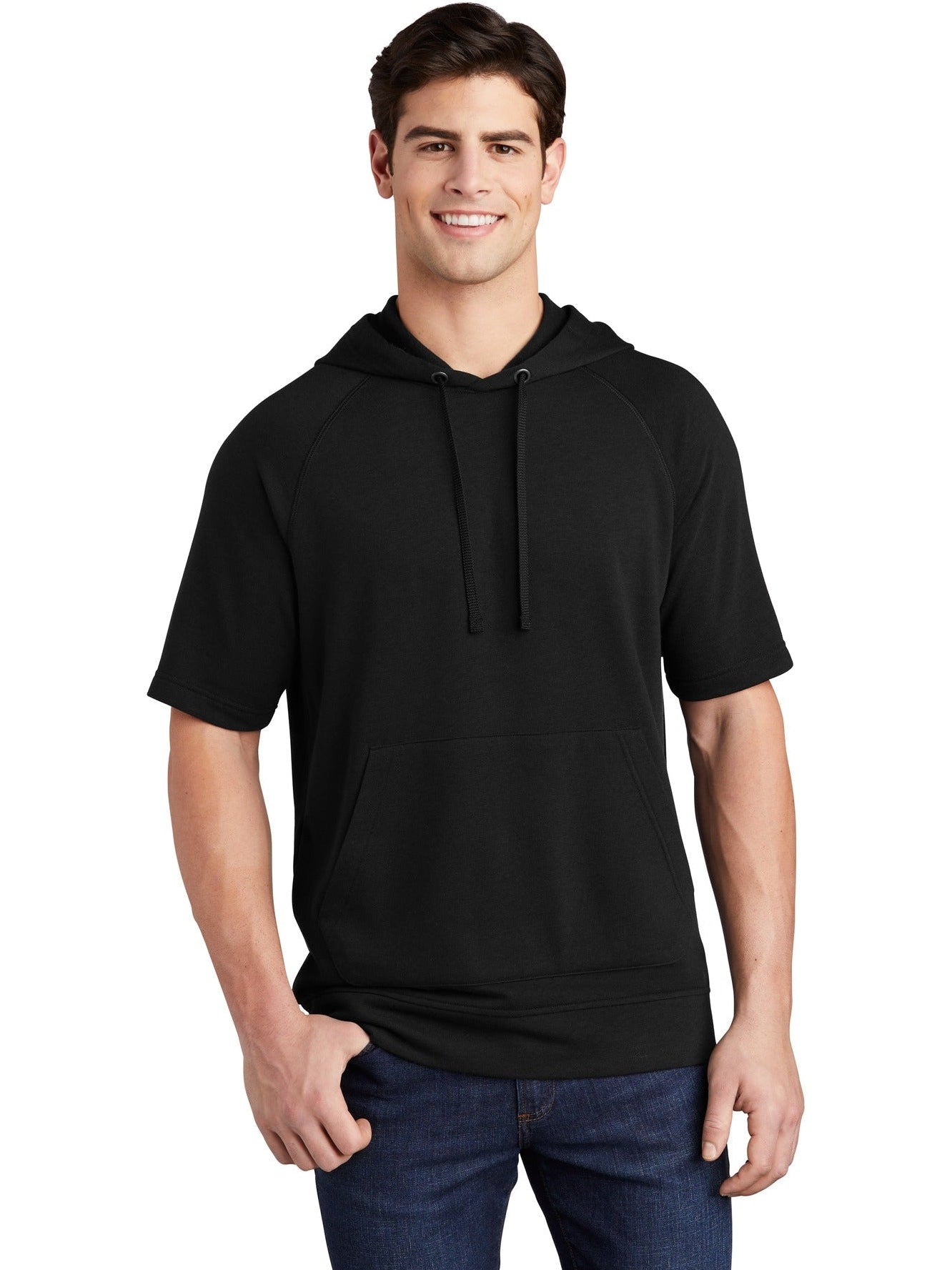 No-Logo CLOSEOUT - Sport-Tek Posicharge Tri-Blend Wicking Fleece Short Sleeve Hooded Pullover-Hoodies-Sport-Tek-Black Triad Solid-S-Thread Logic