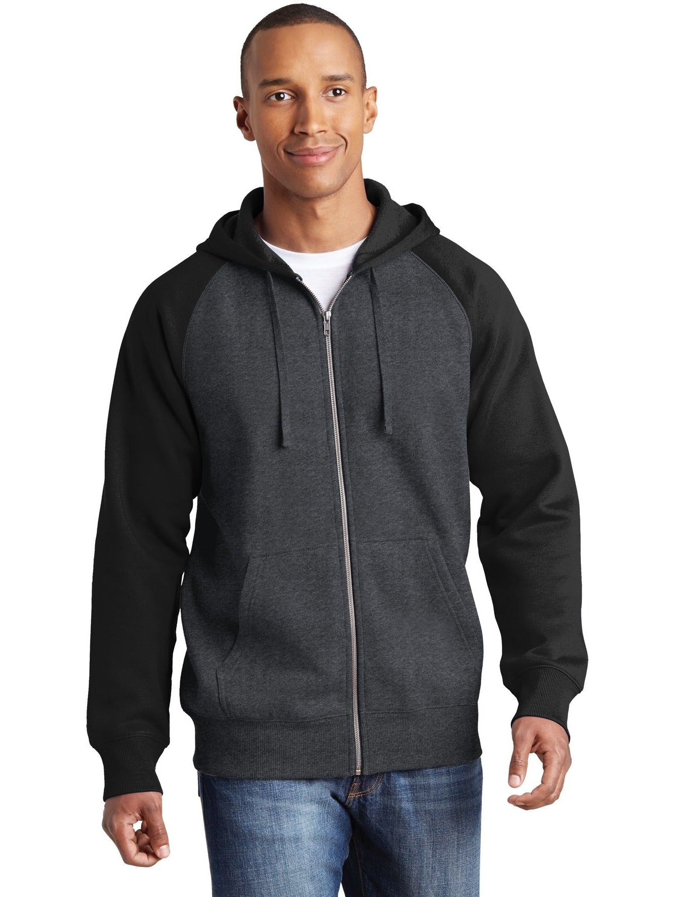 No-Logo CLOSEOUT - Sport-Tek Raglan Colorblock Full-Zip Hooded Fleece Jacket-Active-Sport-Tek-Graphite Heather/Black-S-Thread Logic