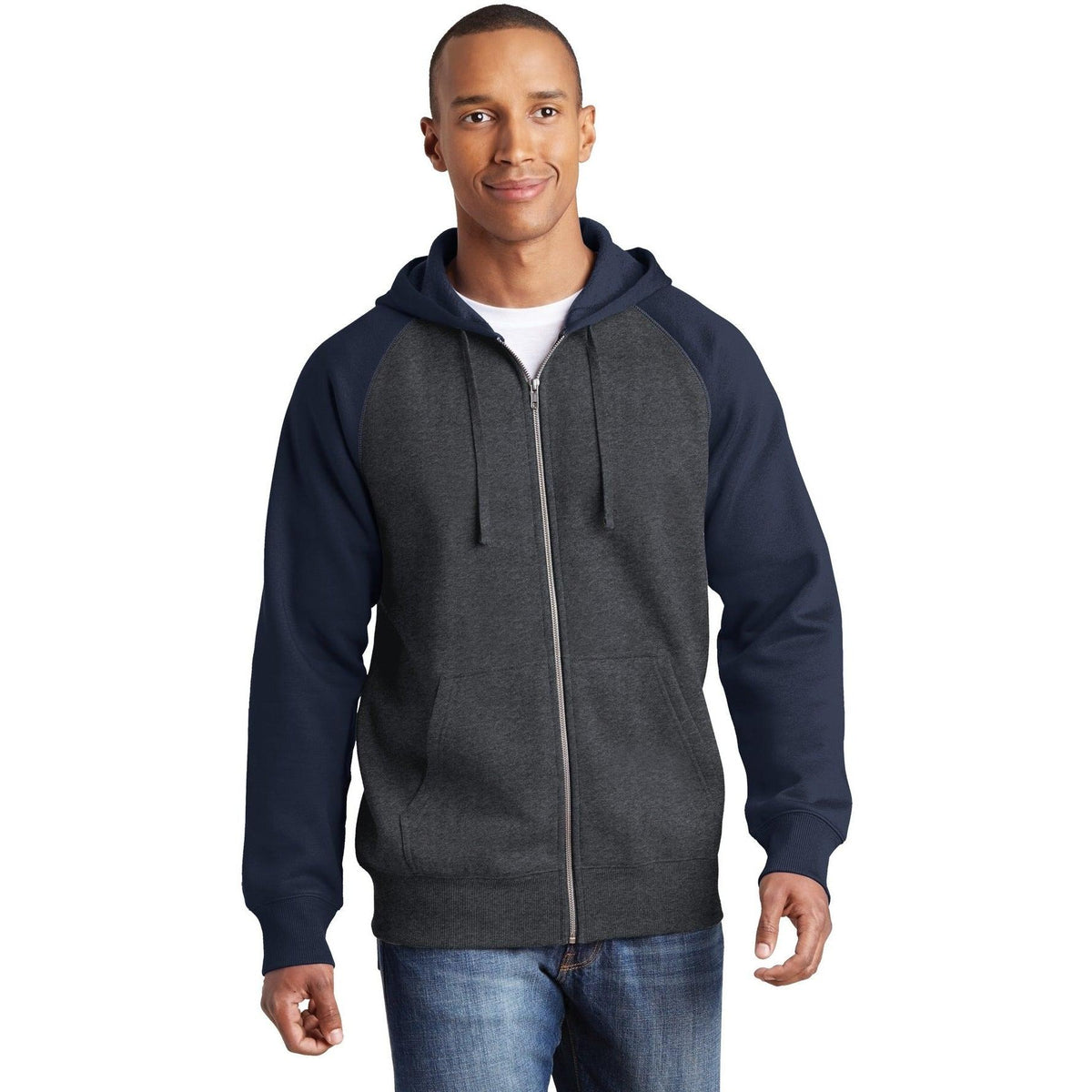 no-logo  Sport-Tek Raglan Colorblock Full-Zip Hooded Fleece Jacket-Regular-Sport-Tek-Graphite Heather/True Navy-S-Thread Logic