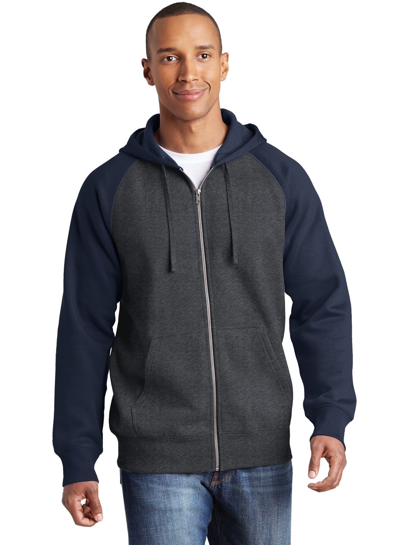 No-Logo CLOSEOUT - Sport-Tek Raglan Colorblock Full-Zip Hooded Fleece Jacket-Active-Sport-Tek-Graphite Heather/True Navy-S-Thread Logic