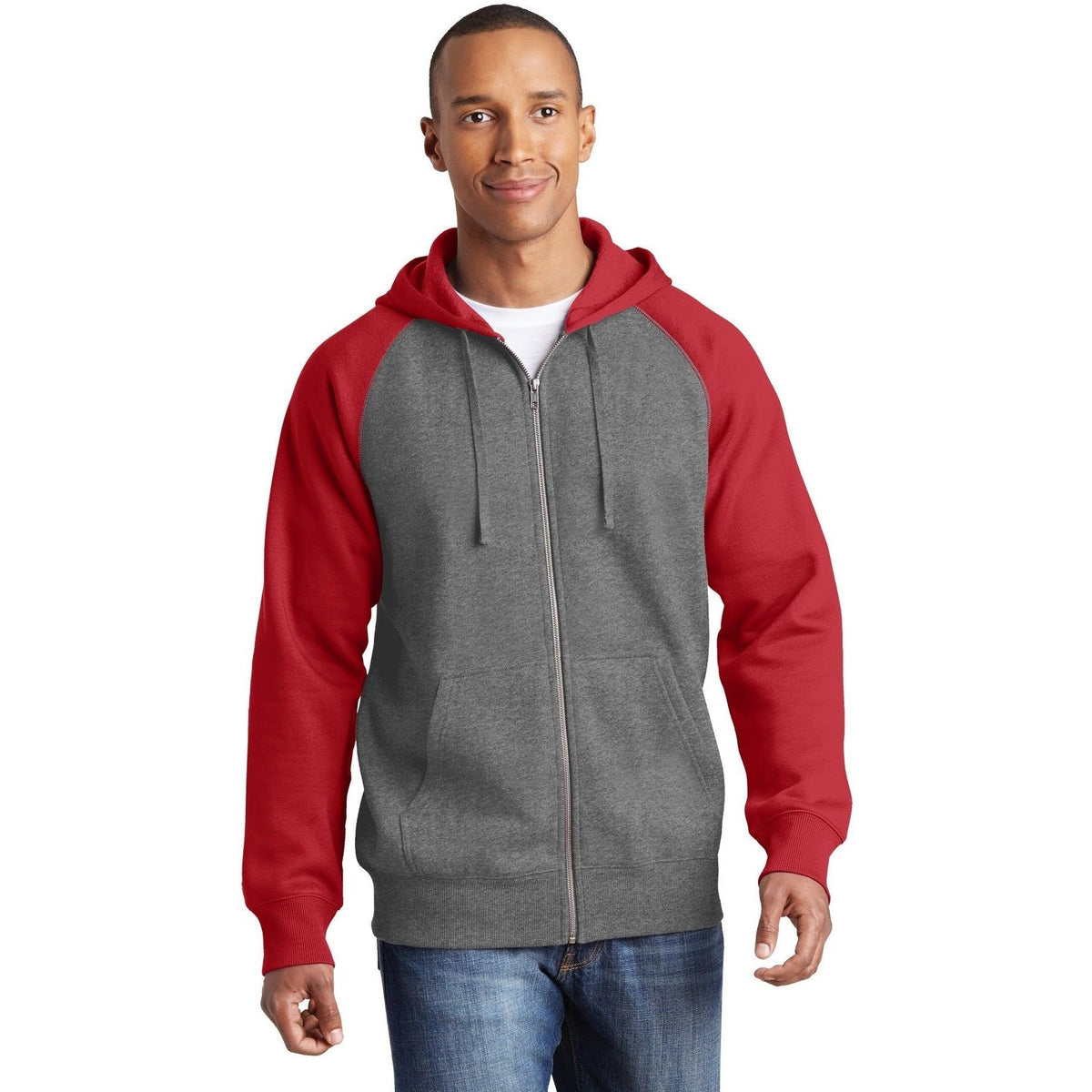 no-logo  Sport-Tek Raglan Colorblock Full-Zip Hooded Fleece Jacket-Regular-Sport-Tek-Vintage Heather/True Red-S-Thread Logic