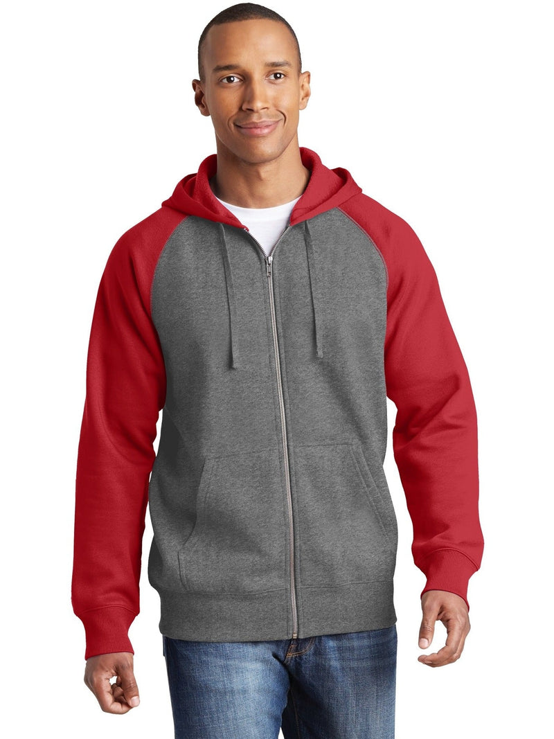  Sport-Tek Raglan Colorblock Full-Zip Hooded Fleece Jacket-Regular-Sport-Tek-Vintage Heather/True Red-S-Thread Logic