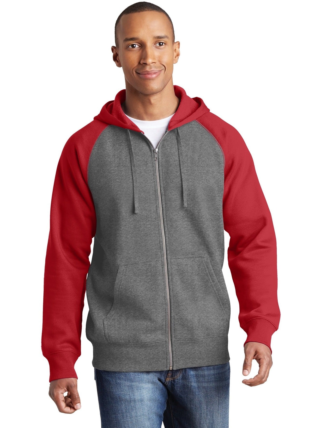 No-Logo CLOSEOUT - Sport-Tek Raglan Colorblock Full-Zip Hooded Fleece Jacket-Active-Sport-Tek-Vintage Heather/True Red-S-Thread Logic
