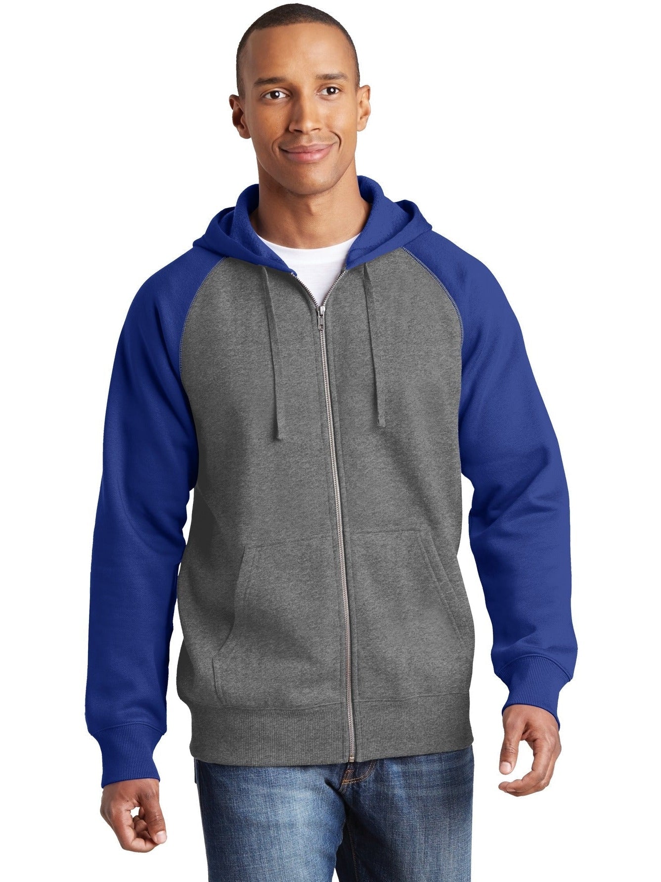  Sport-Tek Raglan Colorblock Full-Zip Hooded Fleece Jacket-Regular-Sport-Tek-Vintage Heather/True Royal-S-Thread Logic
