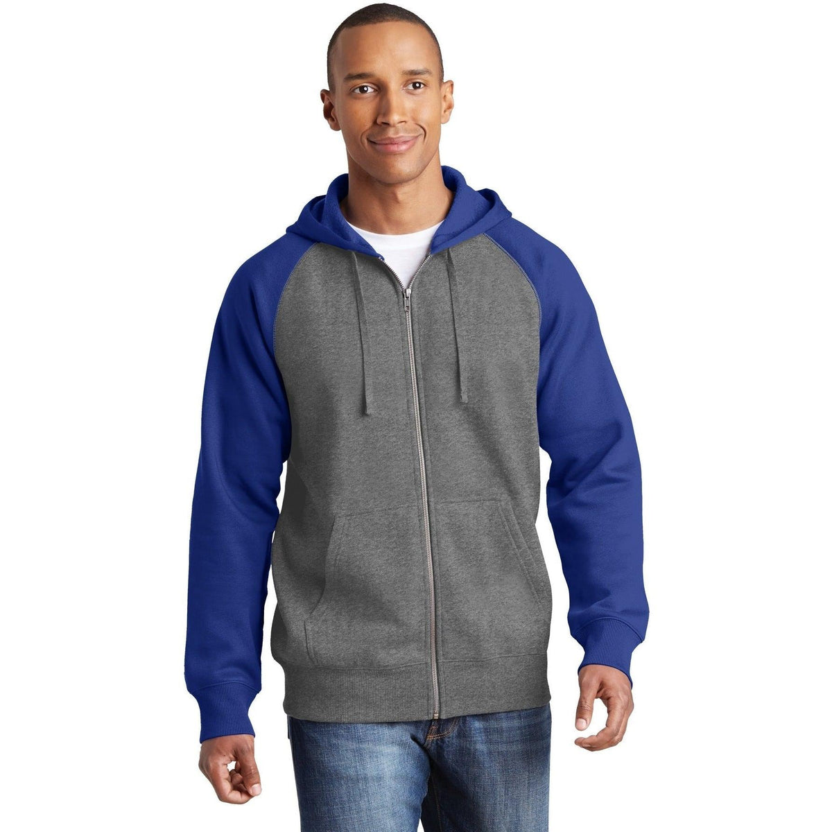 no-logo  Sport-Tek Raglan Colorblock Full-Zip Hooded Fleece Jacket-Regular-Sport-Tek-Vintage Heather/True Royal-S-Thread Logic
