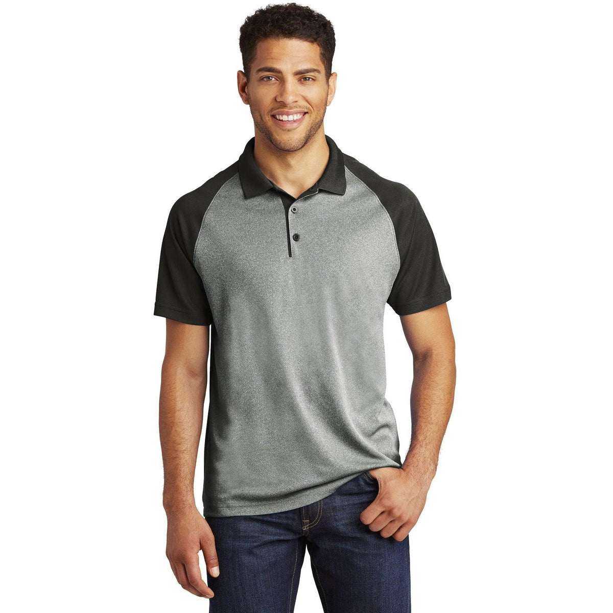 no-logo Sport-Tek Raglan Heather Block Polo-Regular-Sport-Tek-Grey Heather/Black-XS-Thread Logic