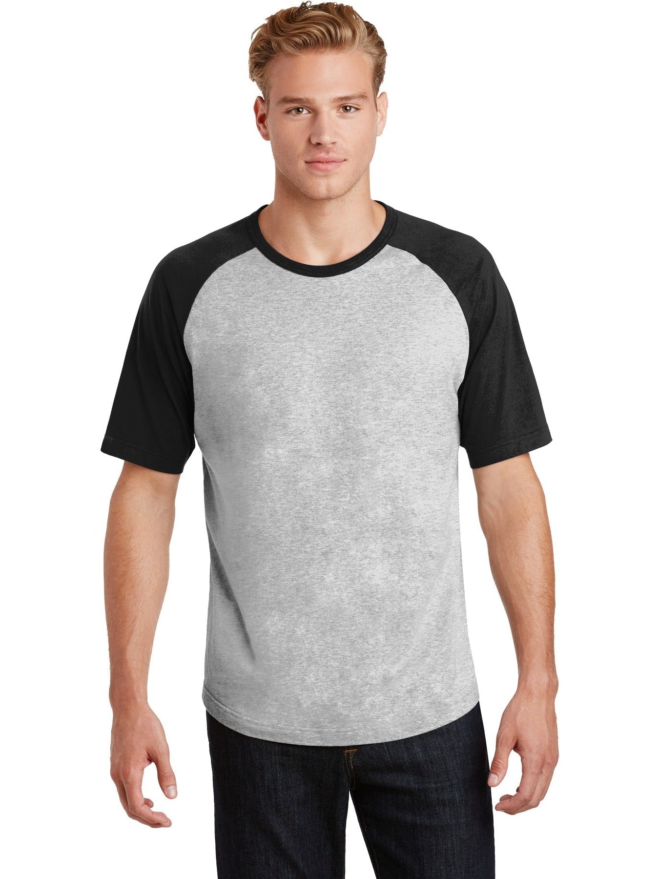  Sport-Tek Short Sleeve Colorblock Raglan Jersey-Regular-Sport-Tek-Heather Grey/Black-S-Thread Logic