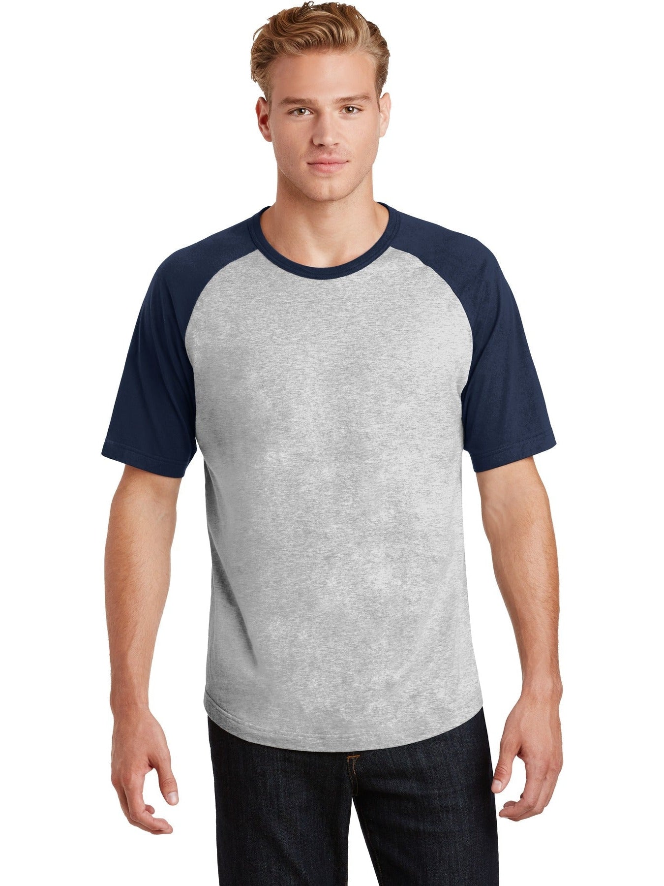  Sport-Tek Short Sleeve Colorblock Raglan Jersey-Regular-Sport-Tek-Heather Grey/Navy-S-Thread Logic