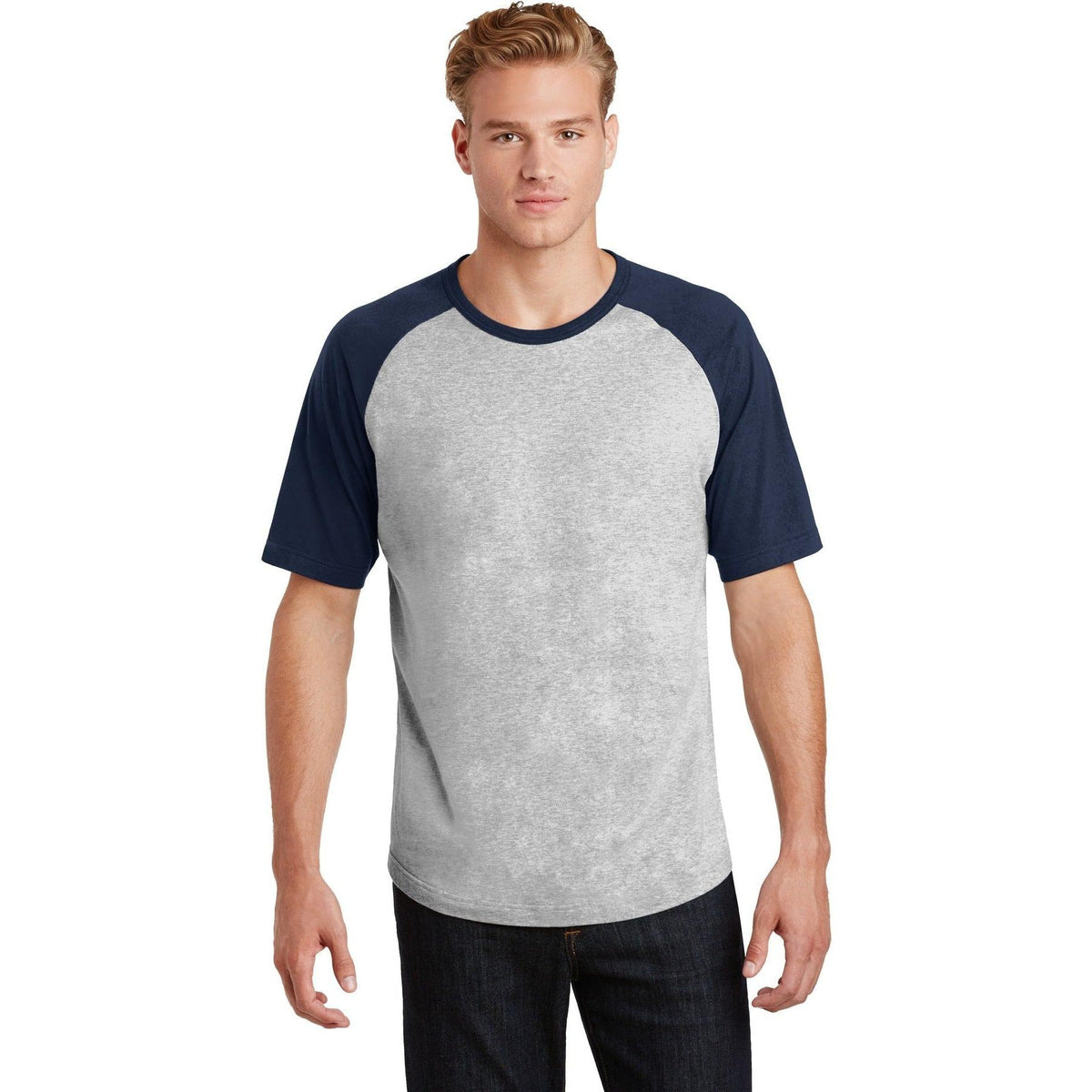 no-logo  Sport-Tek Short Sleeve Colorblock Raglan Jersey-Regular-Sport-Tek-Heather Grey/Navy-S-Thread Logic