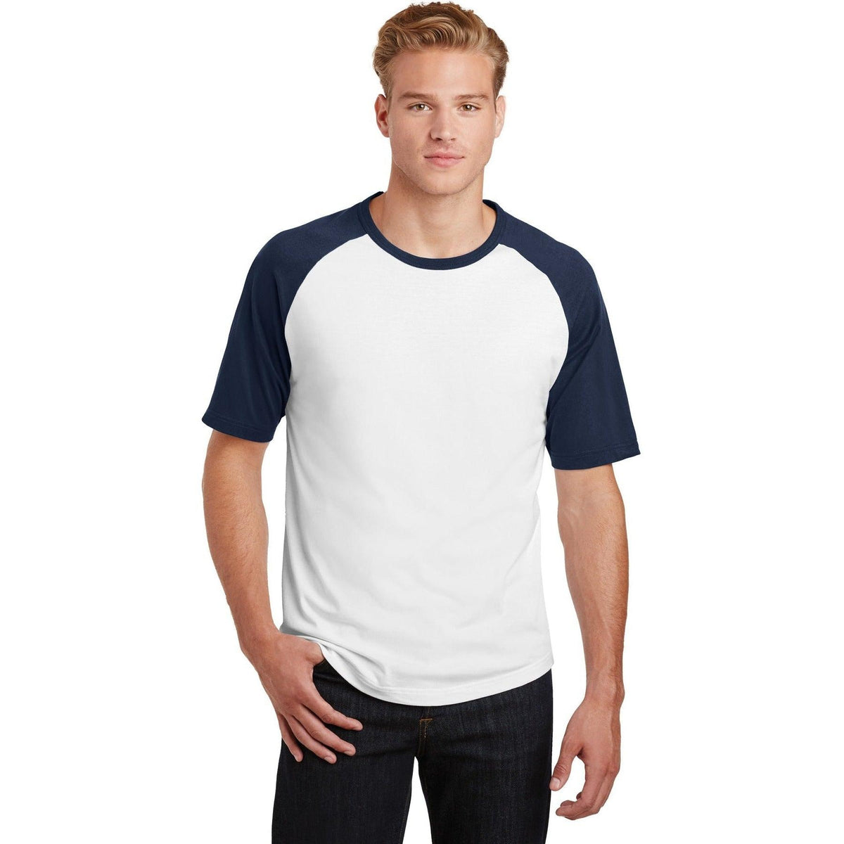 no-logo  Sport-Tek Short Sleeve Colorblock Raglan Jersey-Regular-Sport-Tek-White/Navy-S-Thread Logic