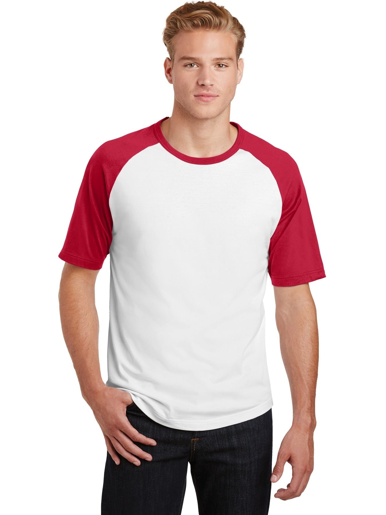  Sport-Tek Short Sleeve Colorblock Raglan Jersey-Regular-Sport-Tek-White/Red-S-Thread Logic