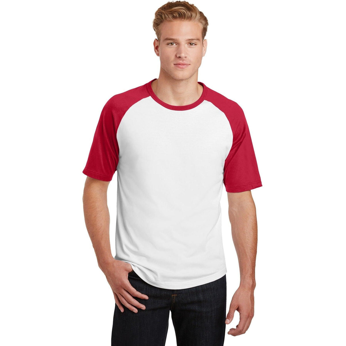 no-logo  Sport-Tek Short Sleeve Colorblock Raglan Jersey-Regular-Sport-Tek-White/Red-S-Thread Logic