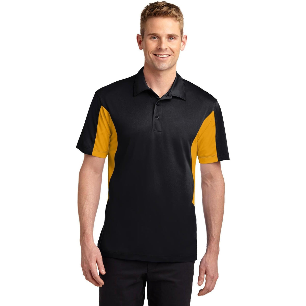no-logo Sport-Tek Side Blocked Micropique Polo Shirt-Regular-Sport-Tek-Black/Gold-S-Thread Logic