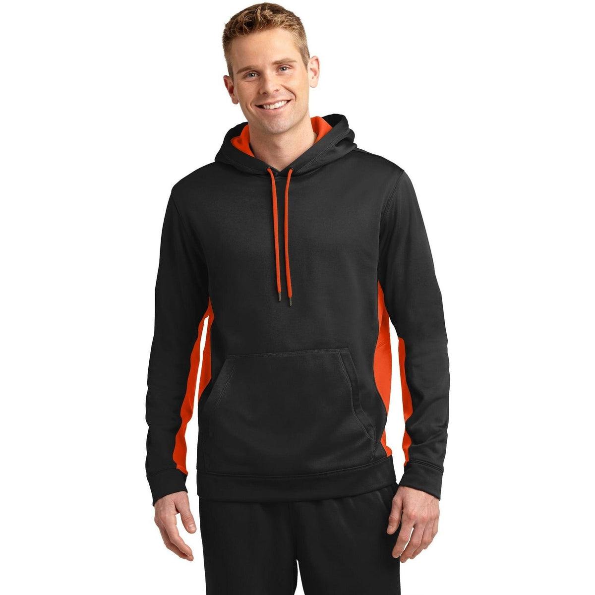 no-logo Sport-Tek Sport-Wick Fleece Colorblock Hooded Pullover-Hoodies-Sport-Tek-Black/Deep Orange-S-Thread Logic